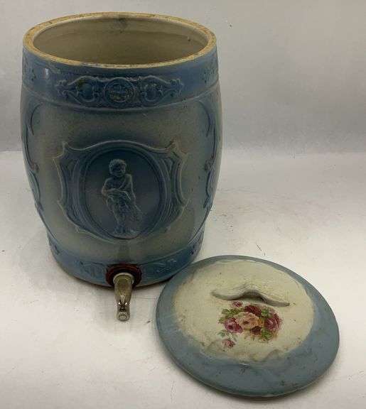 Decorated Stoneware Water Cooler with Spigot and Lid image
