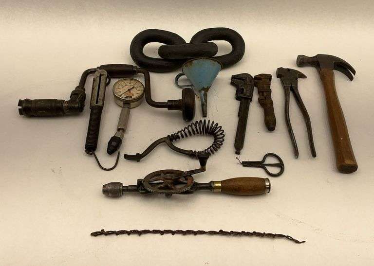 Antique & Vintage Tools Including Hand Drills, Ford USA Wrench, and Hastings Gauge image