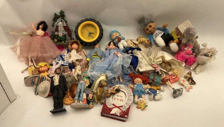Box Lot of Collectibles: World Doll, Gone With the Wind Dolls, Plush Poodles, John Deere Clock and Thermometer image