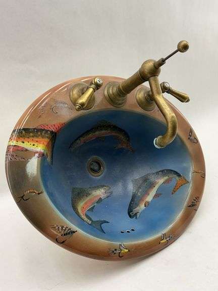 Hand-Painted Fishing Sink with Brass Fixtures image