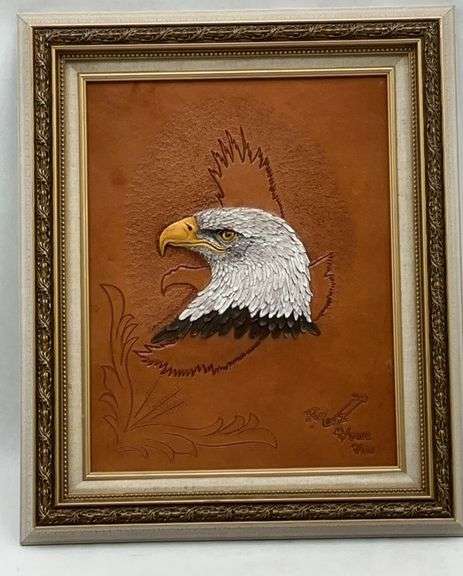 Framed Leather Eagle Relief Painting Signed Roy Diaz, Numbered image
