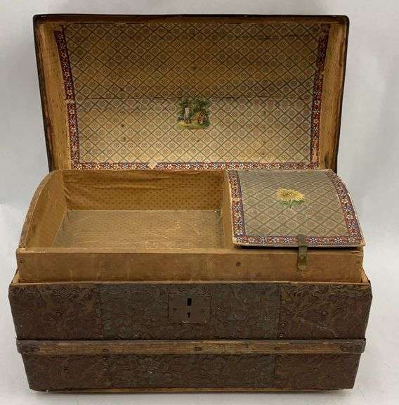 Antique Dome-Top Trunk w/ Decorative Tin Panel image
