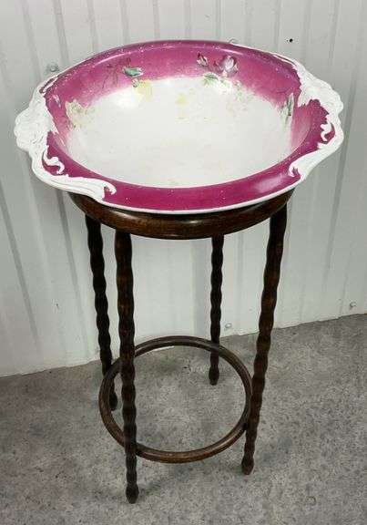 Antique Victorian Hand Painted Porcelain Wash Basin on Barley Twist Wood Stand image
