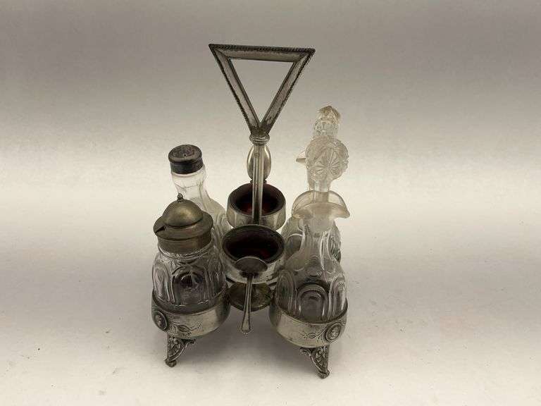 Meriden B. Company Silverplate and Glass Cruet Condiment Set, Patented Jan 1, 1867 image