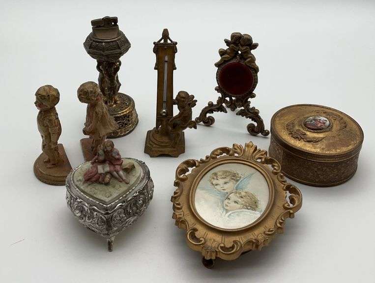 Assorted Metal Decorative Items: Lighter, Thermometer, Photo Frame, Figurines, and Jewelry Boxes image