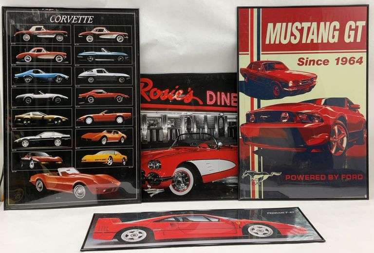 Car Posters - Mustang, Corvette, Ferrari, Diner - Framed Set of 4 image