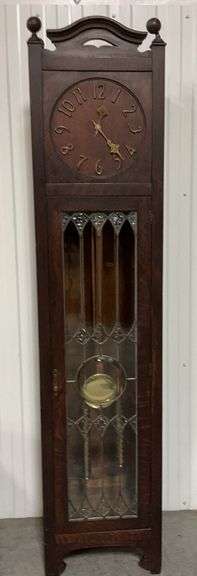 Dark Wood Grandfather Clock with Leaded Glass Door image