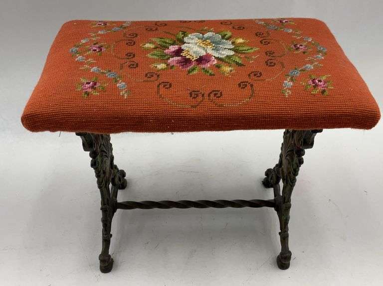 Victorian Cast Iron Footstool Needlepoint To image