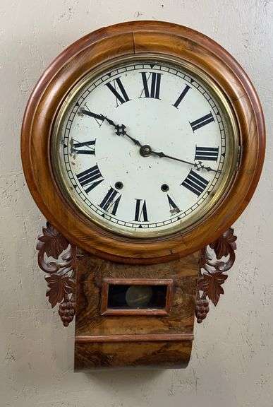 Victorian Walnut Round Drop Wall Clock w/ Carving image