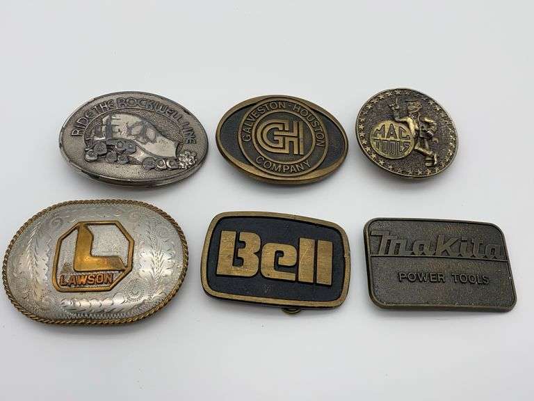 Collection of Six Advertising Belt Buckles - Makita, Bell, Mac Tools, Rockwell image