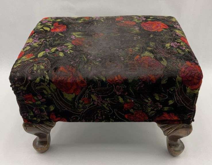 Floral Velvet Upholstered Footstool with Carved Legs image