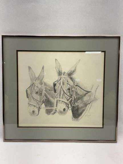 Framed Pencil Drawing of Two Mules Signed Gilmore image