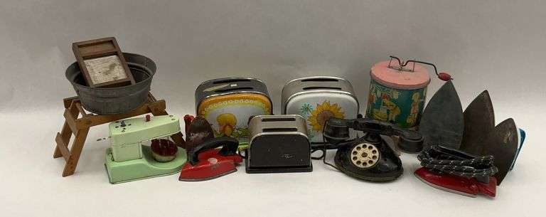 Collection of Toy Household Items: Dolly's Washer, Irons, Toasters, Telephone, & More image