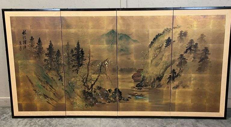 Japanese Four-Panel Folding Screen w/Mountain Landscape Scene image