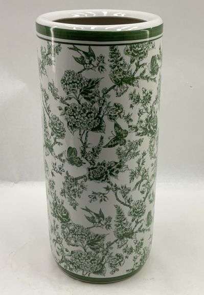 White and Green Floral Design Ceramic Umbrella Stand image