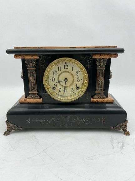 Antique Black Slate Mantel Clock with Marble image