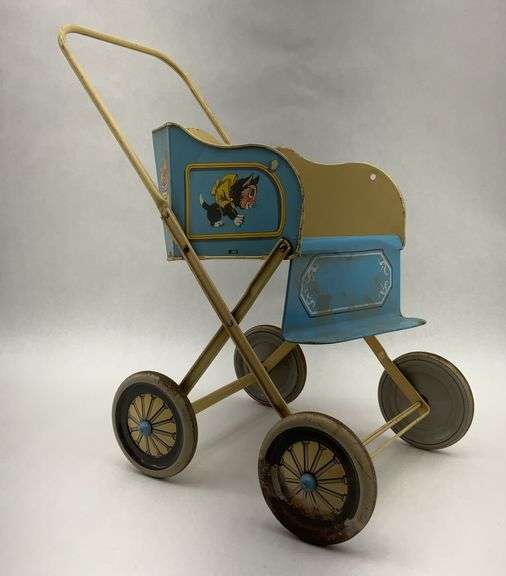 Vintage Painted Metal Toy Baby Stroller Carriage image