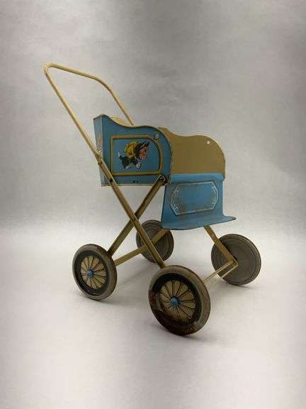 Vintage Painted Metal Toy Baby Stroller Carriage image