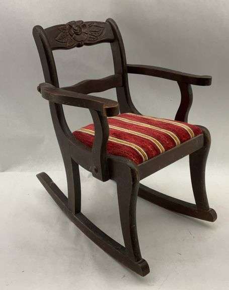 Child's Carved Mahogany Rocking Chair with Striped Cushion image