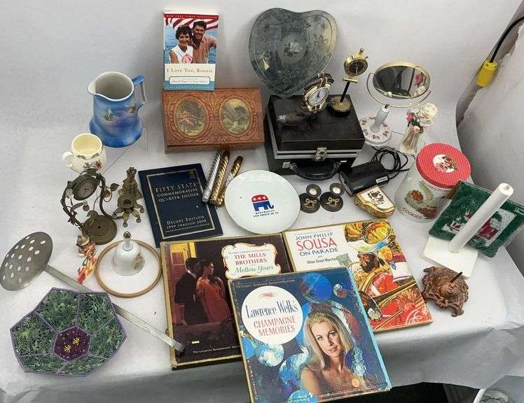 Mixed Lot with Records, Coin Folder, Book, Political Plate, and More image