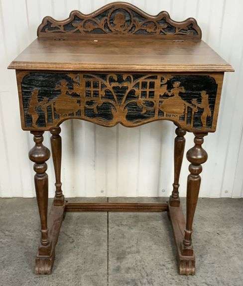 Antique Pierced Fretwork Sewing Stand w/Lift Top Storage image
