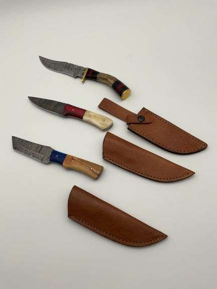 Handmade Damascus Steel Knives with Leather Sheaths - Set of Three image
