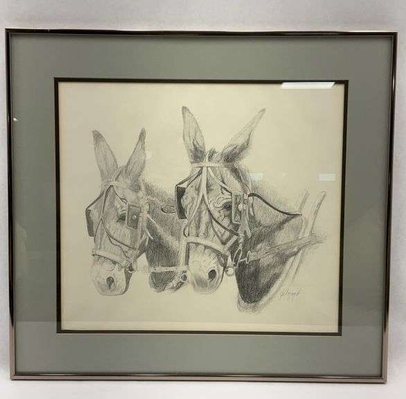 Framed Pencil Drawing of Two Mules Signed Gilmore image