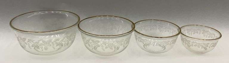 Set of Four Etched Glass Bowls with Gold Trim image