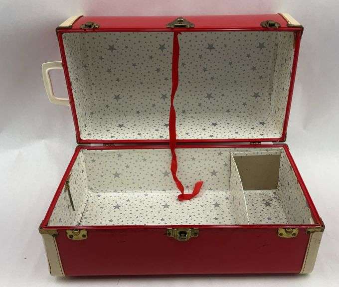 Vintage Red & Cream Doll Trunk with Star Liner image
