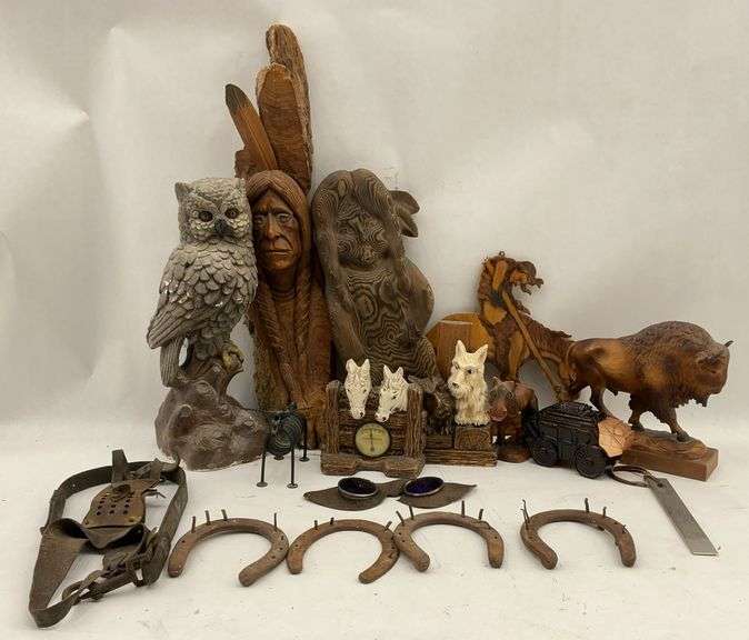 Mixed Lot of Figurines, Carvings, and Western Decor image
