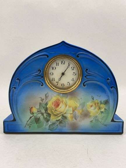 Vintage Blue Glazed Mantel Clock w/ Roses image