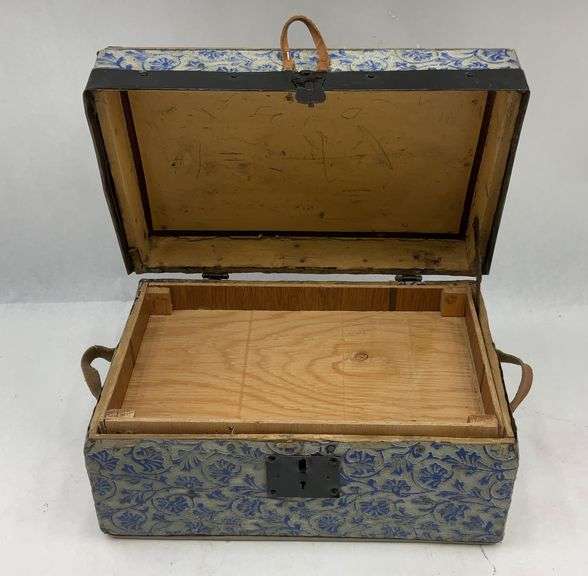 Antique Blue Floral Paper Covered Storage Trunk image