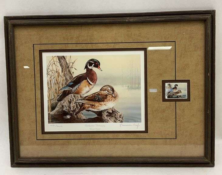 Framed Larry Cory Wood Ducks Print and 1993 Stamp image