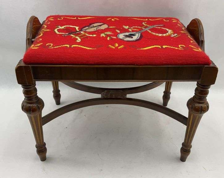Antique Walnut Footstool with Red Needlepoint Musical Instrument Motif image