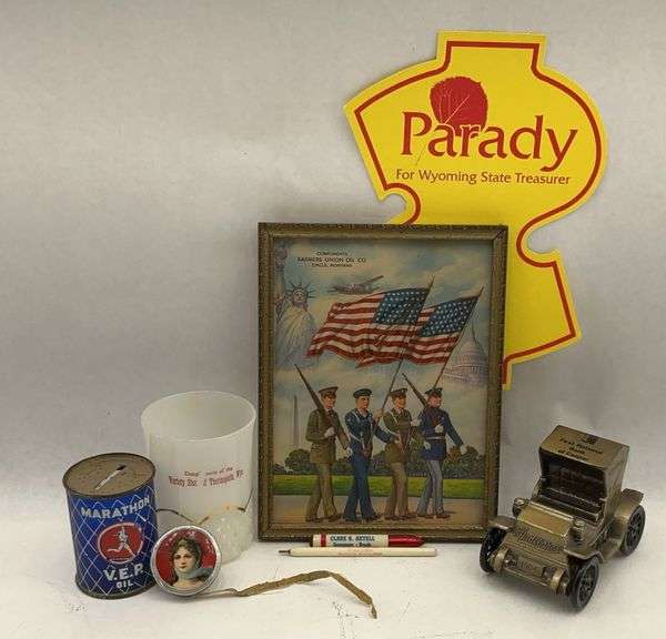 Group of Advertising Memorabilia: Framed Print, Studebaker Bank, and More image