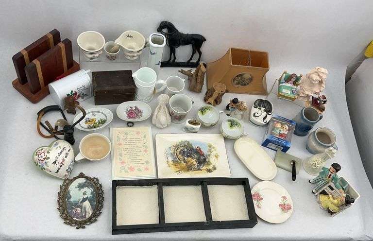 Mixed Lot of Figurines, Decorative Plates, Cups, Lamp Shade, and More image