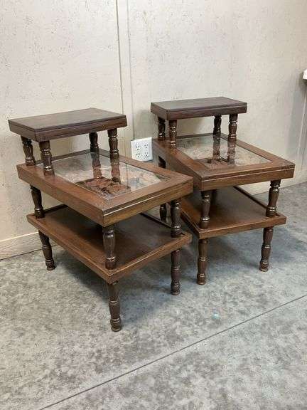 Pair of Colonial -style two tier end tables with Asian Floral Panels image
