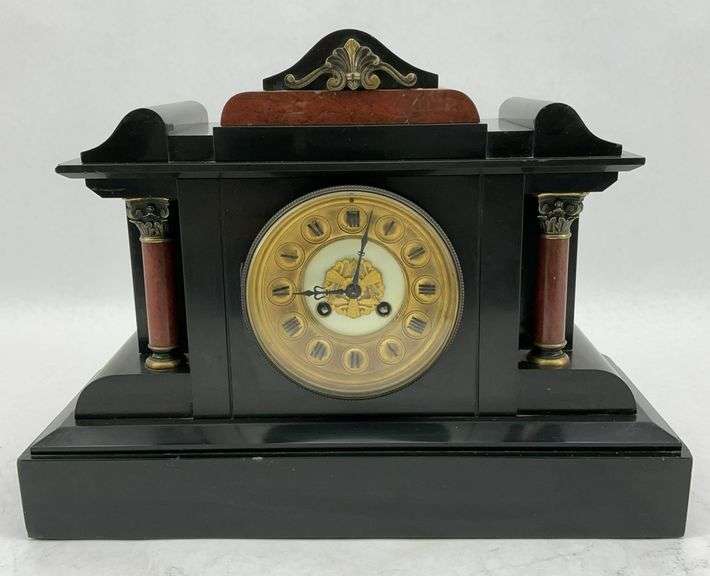 Antique Black Marble Mantel Clock with Columns image
