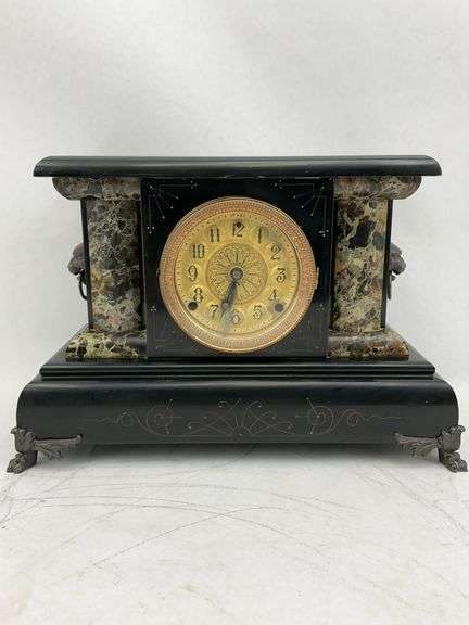 Antique Black Slate Mantel Clock with Marble image