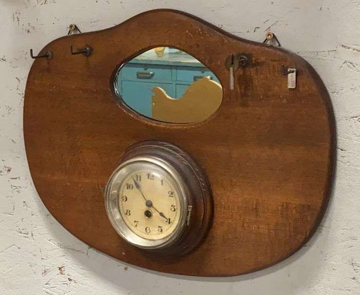 Vintage Arts and Crafts Wall Mirror with Inset Clock and Key Hooks image
