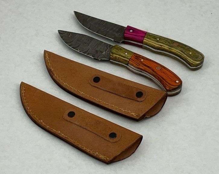 Pair of Damascus Steel Knives with Leather Sheaths image