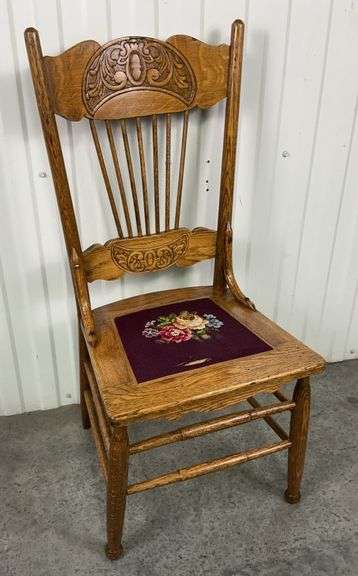 Antique Pressed Back Oak Side Chair with Original Needlepoint Seat image