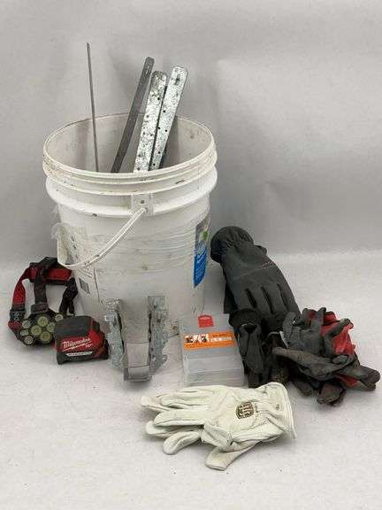 Bucket of Assorted Tools and Work Gloves image