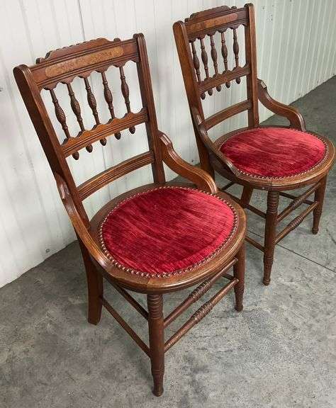 Pair of Victorian Eastlake Walnut Parlor Chairs with Red Velvet Upholstery image