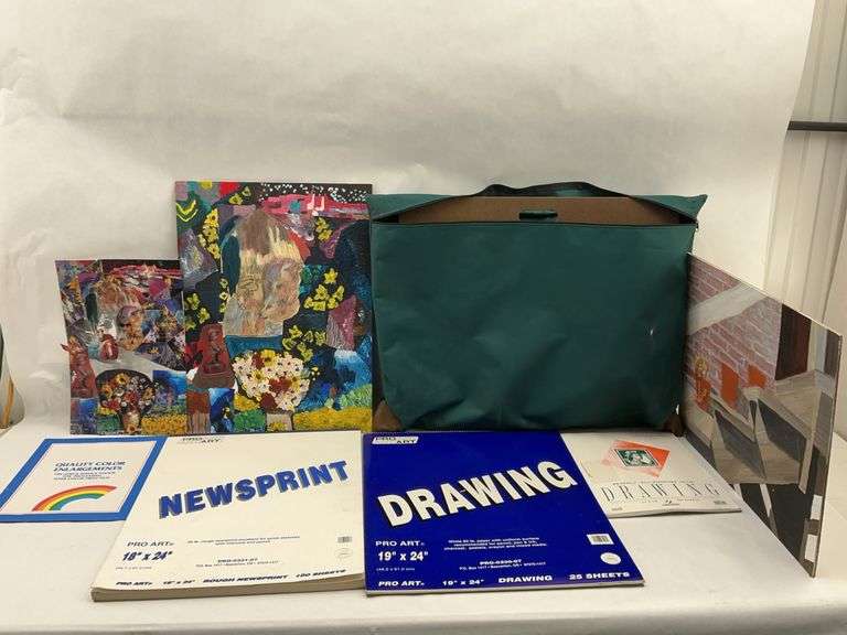 Art Supply Lot: Pro Art Paper, Original Paintings, and Carrying Bag image