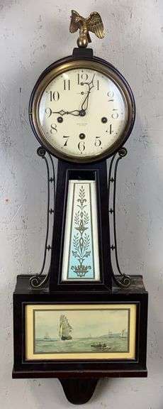 New Haven 8-Day Banjo Clock w/ Eagle & Ship Art image