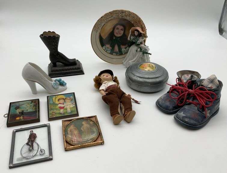 Assorted Collectibles Group: Doll, Shoe Figures, Pictures, Metal Container image