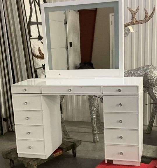White Vanity Desk with Lighted Mirror image