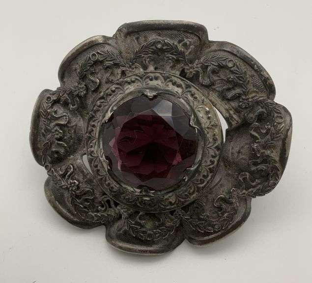 Victorian Ornamental Brooch with Purple Stone image
