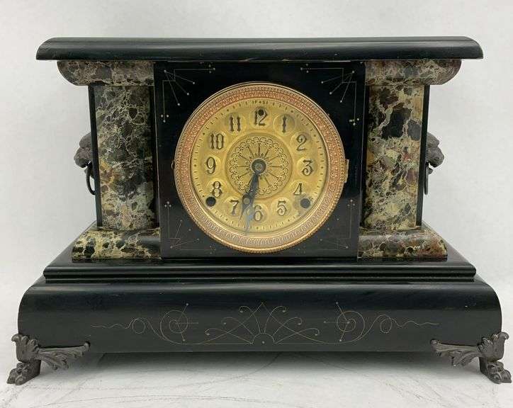 Antique Black Slate Mantel Clock with Marble image
